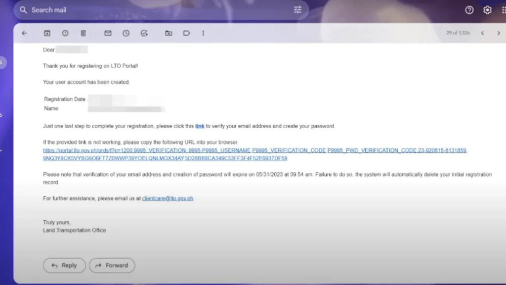LTO verification email
