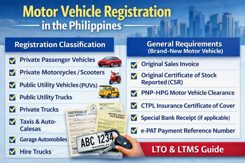 Requirements for Registration of Motor Vehicles in the Philippines (2026 LTO & LTMS Guide) 1 Registration of Motor Vehicles in the Philippines info