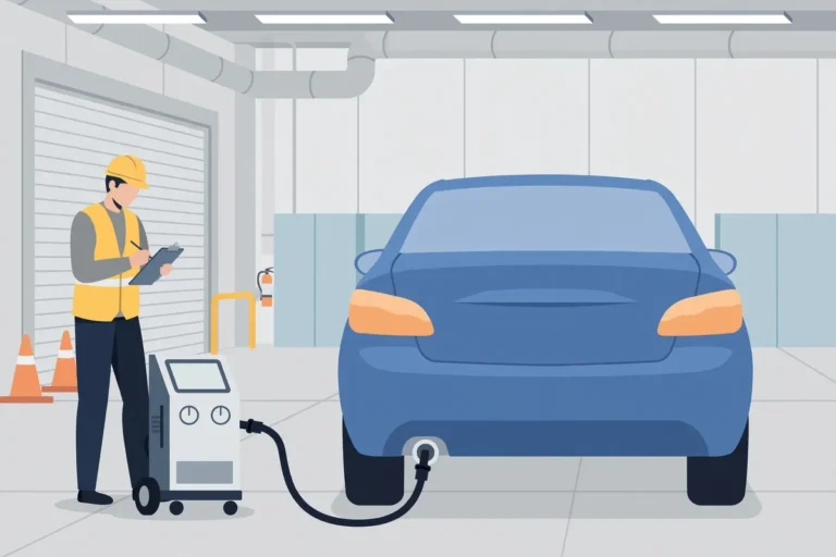 Car undergoing emission testing at a vehicle inspection center