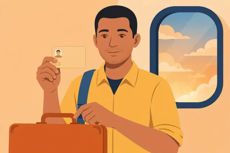Filipino overseas worker with suitcase holding a driver's license