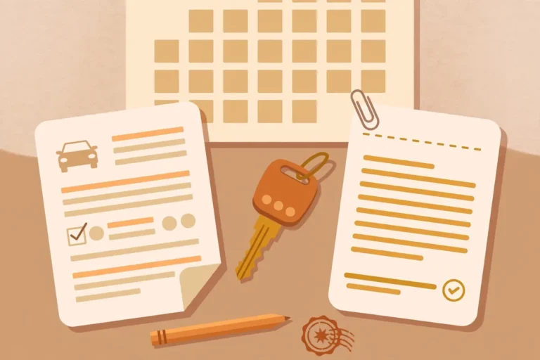 Car registration documents and official receipt with car key