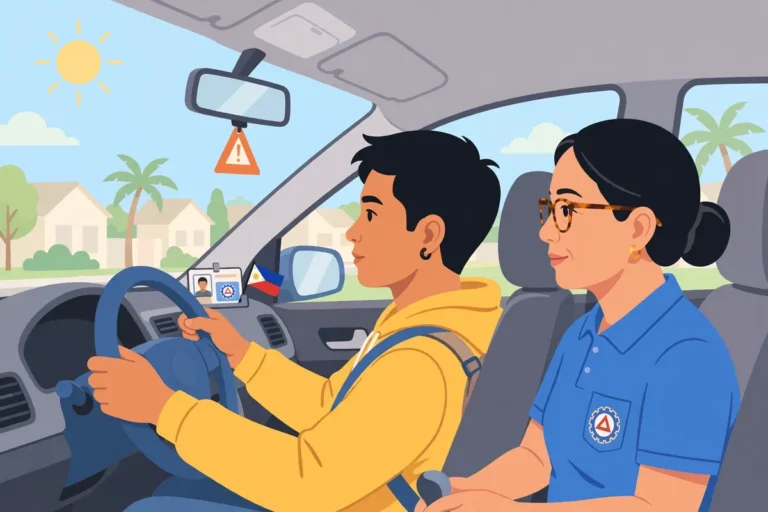Young Filipino student driver learning to drive with an instructor