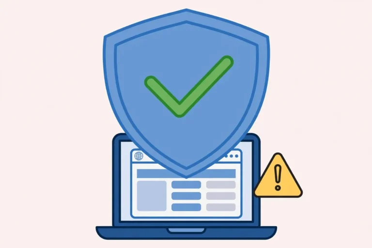 Shield with checkmark protecting a laptop, online safety concept