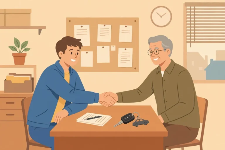 Car buyer and seller signing documents at an LTO office